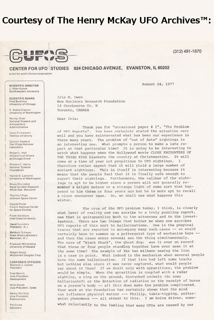 Letter from Dr. J. Allen Hynek to Iris Owen, dated August 24, 1977